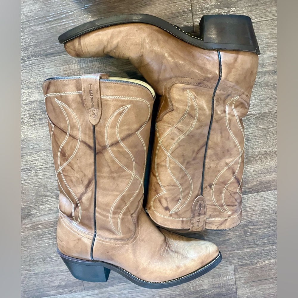 TEXAS Cowboy Boots Mens 9.5 EE tan marbled leather western